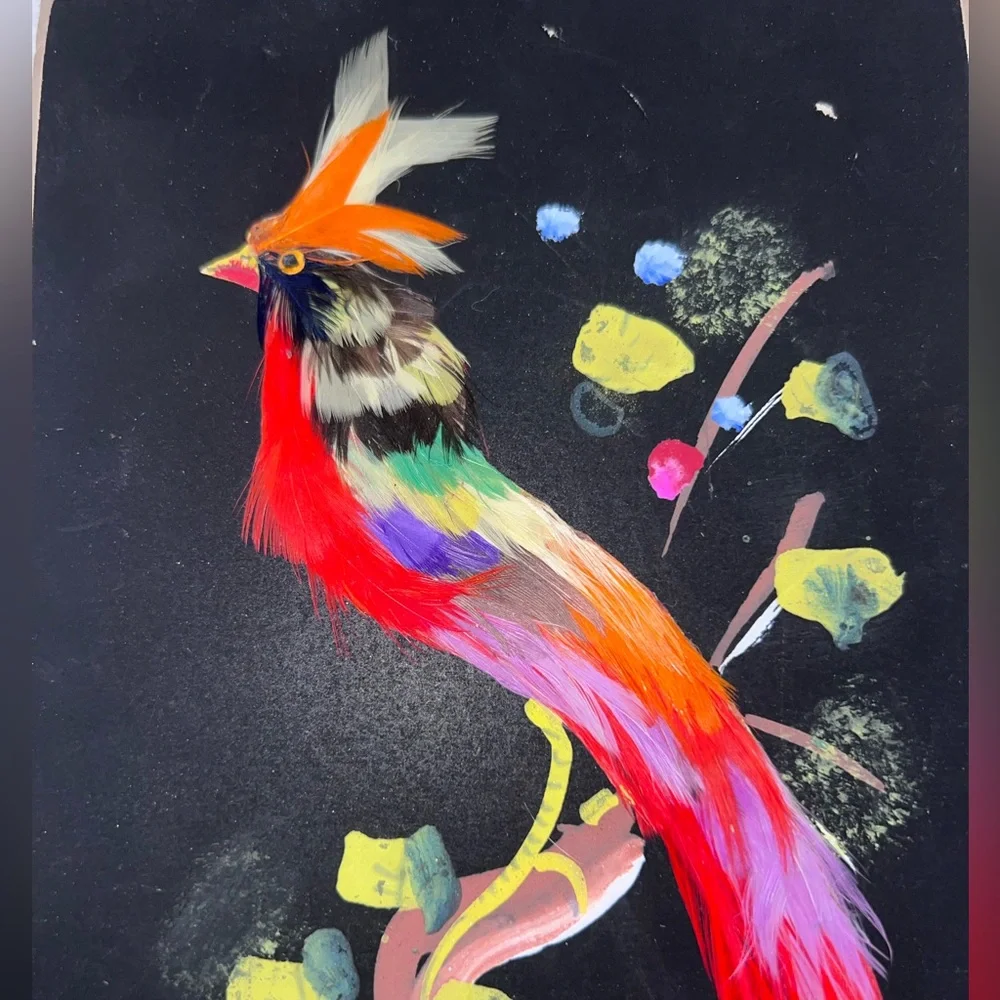 Vintage Hand Painted Mexican Bird Feather Artwork - Picture 2 of 4